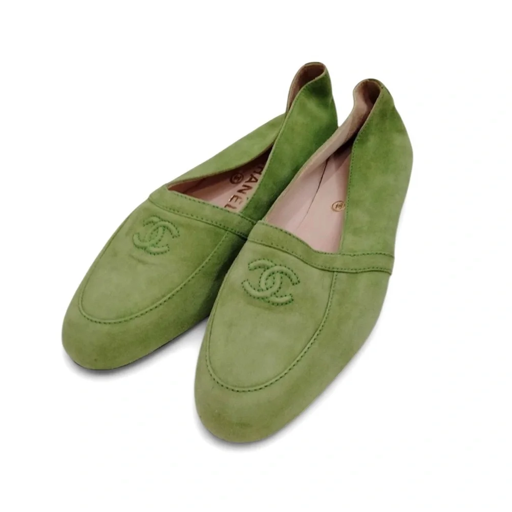 NEW CHANEL CC Logo Green Suede Loafers IT37.5 - Picture 2 of 7